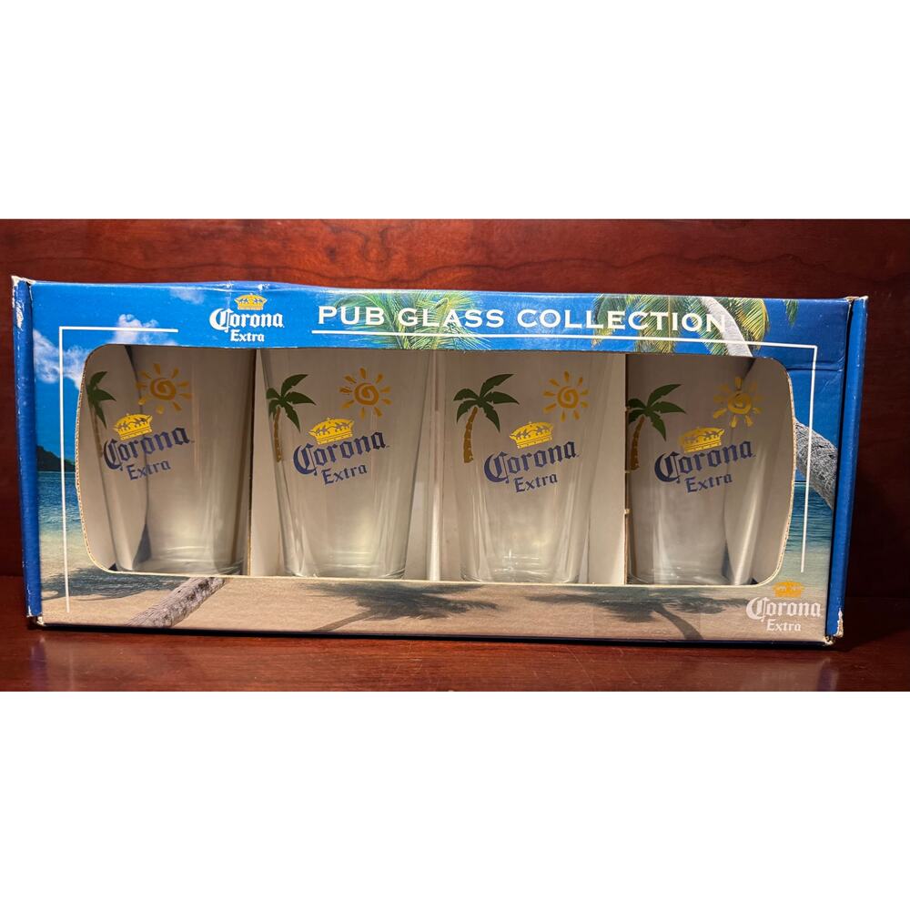 2007 Corona Extra Pub Glass Collection 16oz Beer Glasses Gift Set Four 4 Glasses